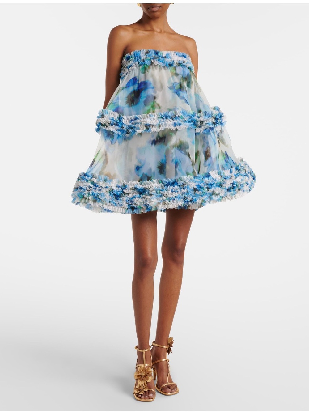 Zimmermann Alchemy Blue Poppy Silk Organza Ruffle Strapless Mini Dress